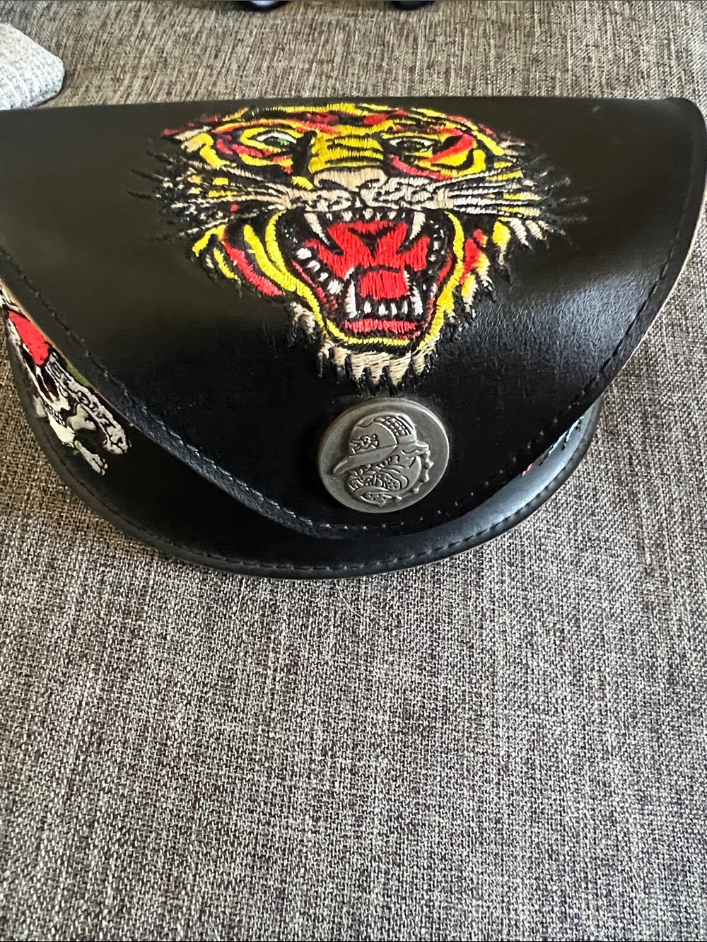 ED HARDY 
Black Leather Glasses Case with Embroidered Tiger
